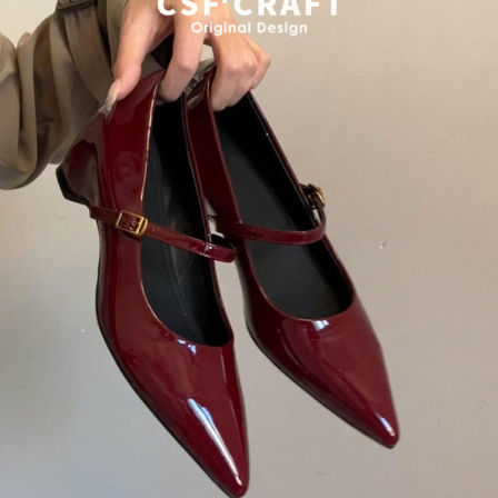 羊皮版~法式气质红色尖头包鞋女一字带扣内增高优雅时尚玛丽珍鞋