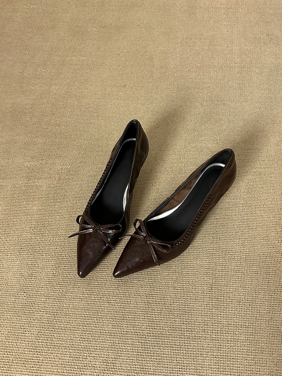 羊皮版~尖头法式蝴蝶结小猫跟单鞋浅口通勤气质复古细跟高跟鞋女主图