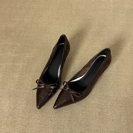 羊皮版~尖头法式蝴蝶结小猫跟单鞋浅口通勤气质复古细跟高跟鞋女