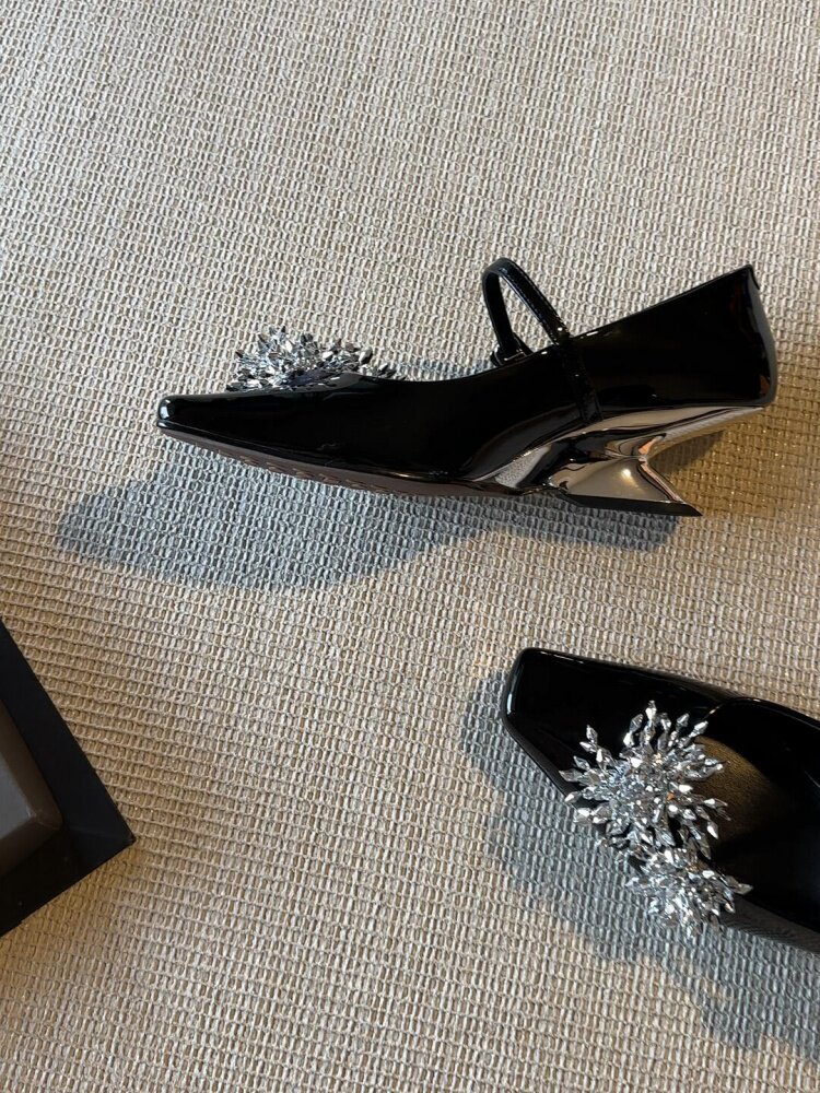 羊皮版~法式坡跟方头玛丽珍鞋女2026真皮水钻烟花装饰一字带单鞋主图