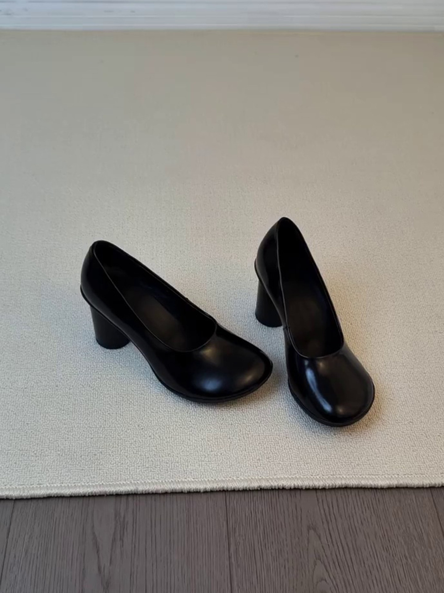 Wheat house ~！复古极简风圆头通勤高跟鞋女浅口一脚蹬粗跟单鞋主图