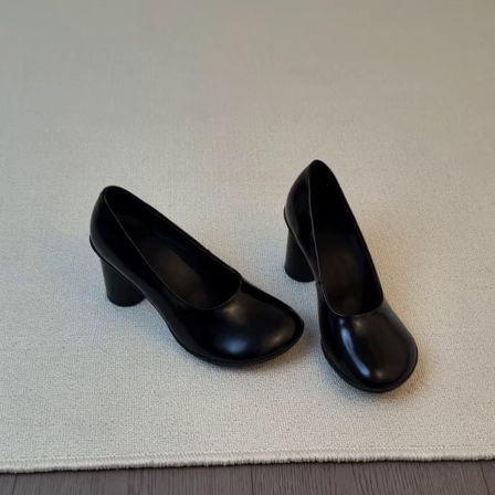 Wheat house ~！复古极简风圆头通勤高跟鞋女浅口一脚蹬粗跟单鞋