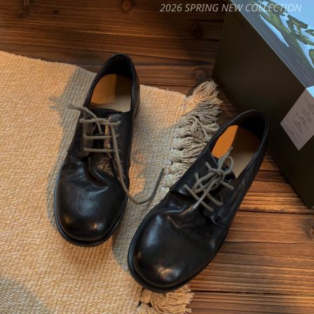 英伦风复古做旧系带圆头包鞋女真皮低跟日系小皮鞋百搭黑色德比鞋