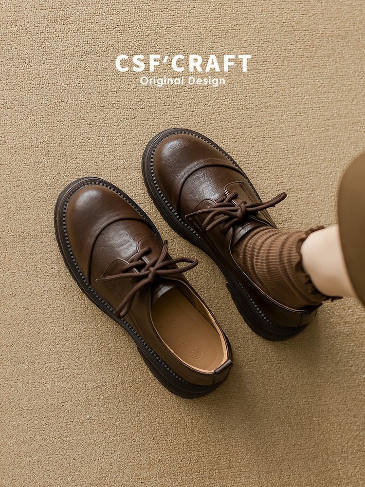 超软小羊皮~英伦风真皮系带小皮鞋女中跟厚底乐福鞋复古圆头包鞋主图