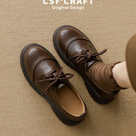 超软小羊皮~英伦风真皮系带小皮鞋女中跟厚底乐福鞋复古圆头包鞋