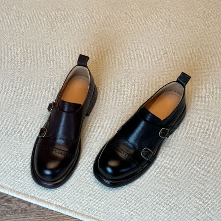 Wheat house ~！英伦风雕花布洛克小皮鞋女厚底真皮一脚蹬乐福鞋