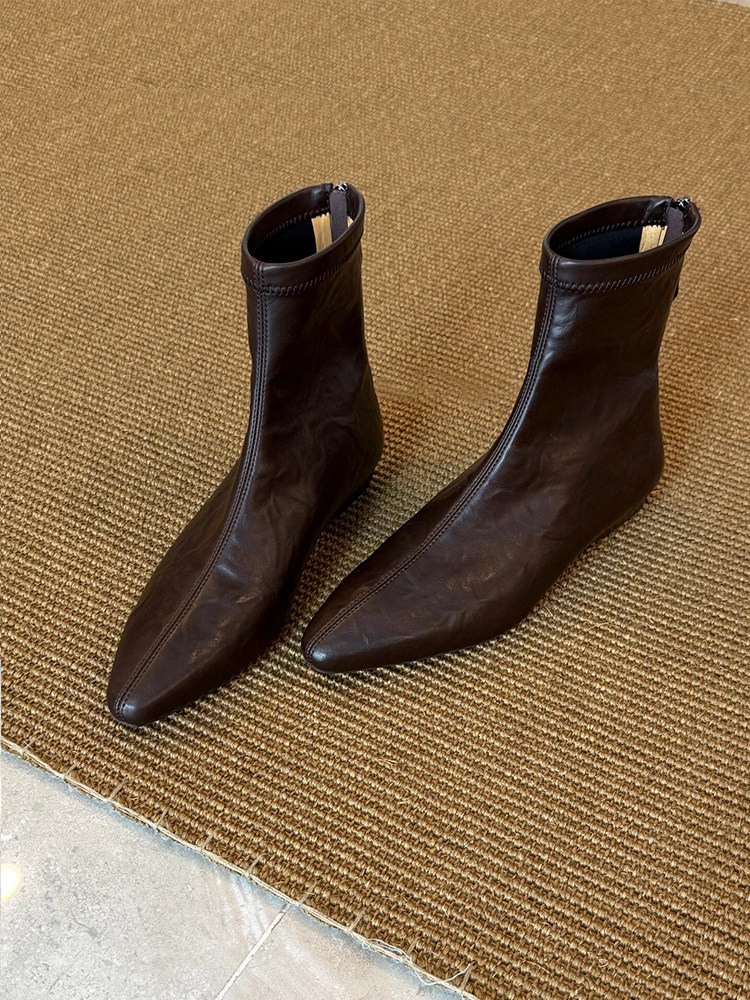 牛皮版~法式风尖头短靴女2025新款冬季深棕色低跟百搭显瘦瘦瘦靴主图