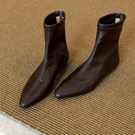 牛皮版~法式风尖头短靴女2025新款冬季深棕色低跟百搭显瘦瘦瘦靴