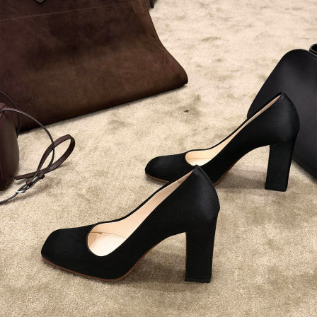 Wheat house ~！法式简约方头气质高跟鞋女粗跟浅口黑色通勤单鞋