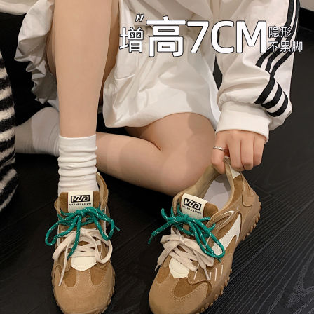 超火棕色德训鞋女内增高7cm小个子厚底软底阿甘鞋超级好看休闲鞋