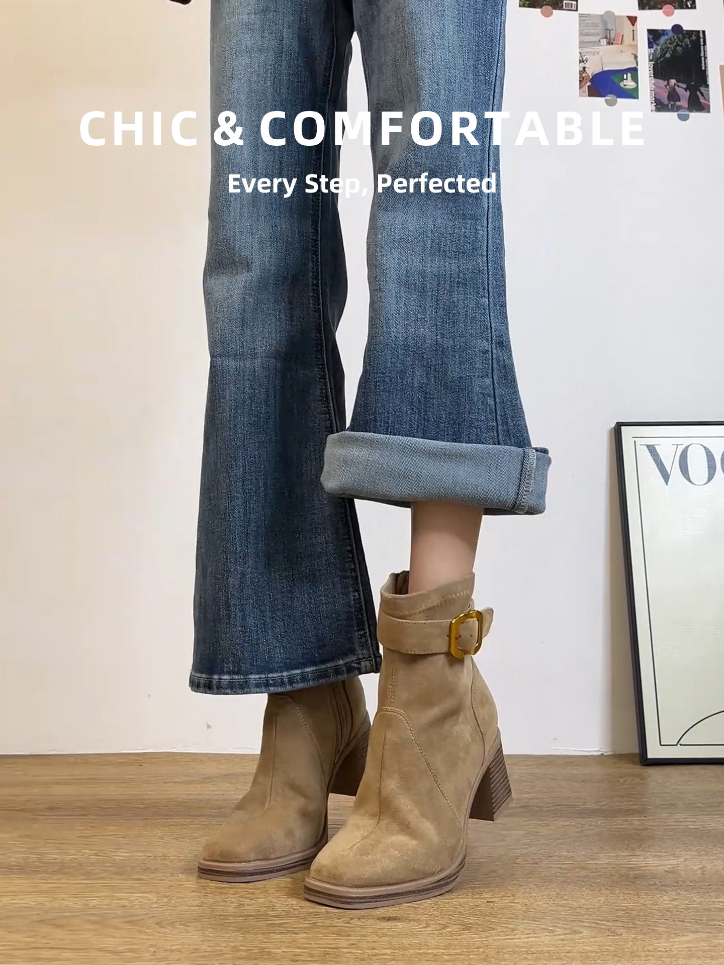 香港真皮方头粗跟瘦瘦靴女2026春新款时尚气质马丁靴百搭高跟短靴主图