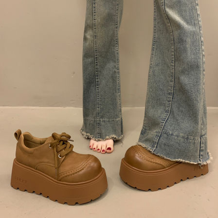 法式小众厚底增高深口单鞋女春季2026新款百搭复古松糕系带小皮鞋