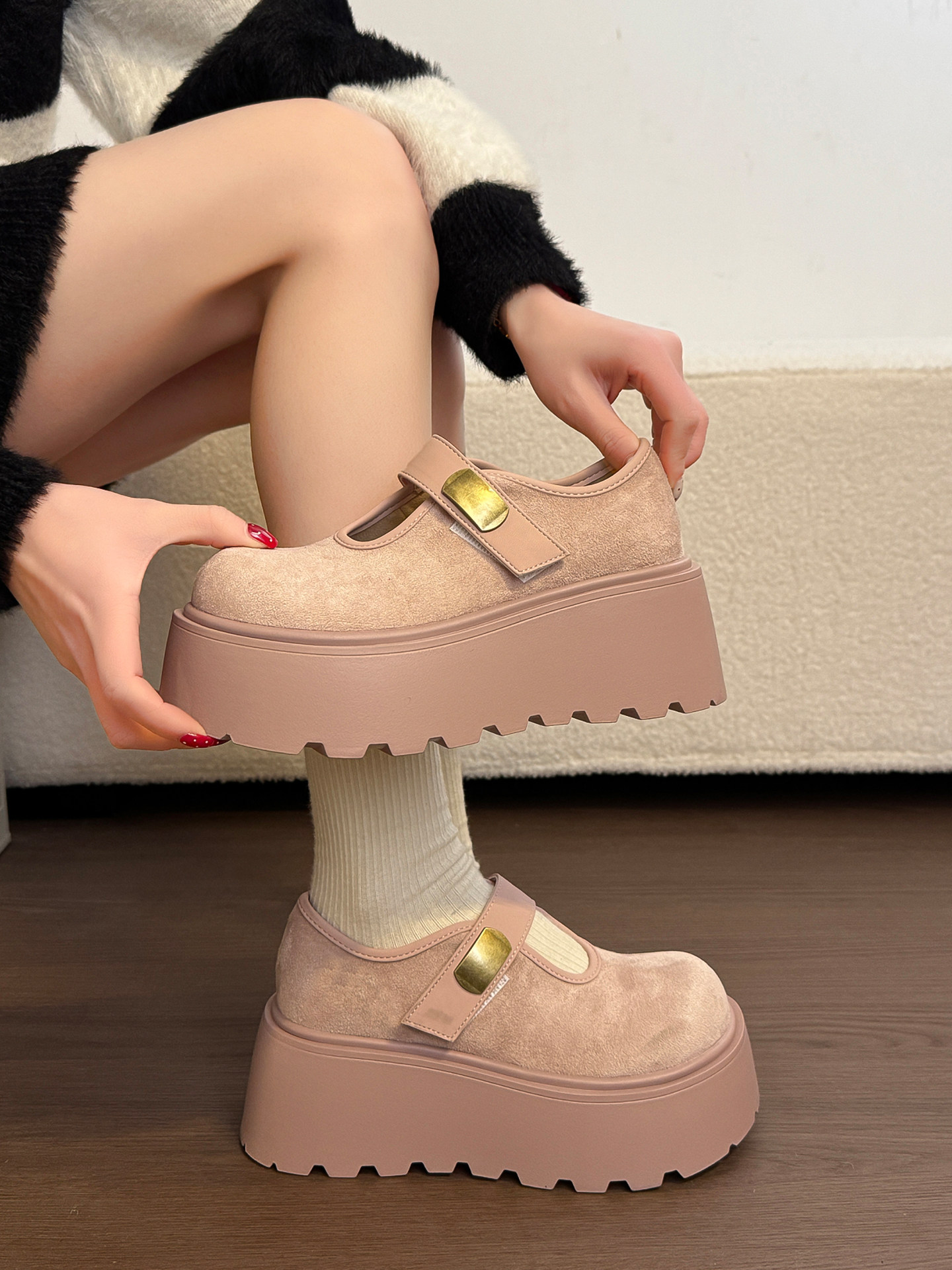 7CM厚底魔术贴玛丽珍单鞋女2026春季新款小个子金属扣乐福小皮鞋主图