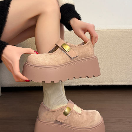 7CM厚底魔术贴玛丽珍单鞋女2026春季新款小个子金属扣乐福小皮鞋