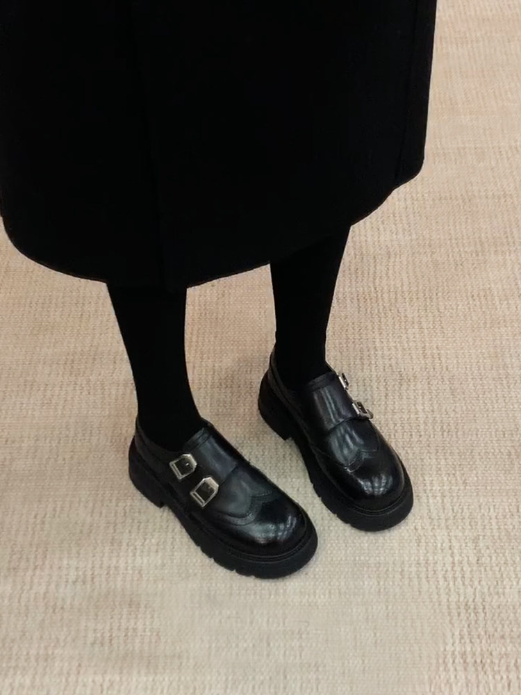 牛皮版~英伦风布洛克乐福鞋女2025新款黑色皮带扣厚底粗跟小皮鞋主图