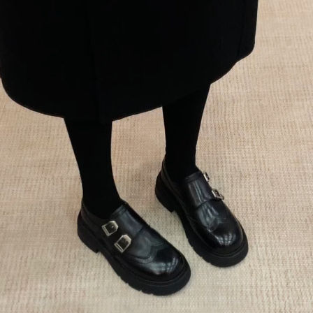 牛皮版~英伦风布洛克乐福鞋女2025新款黑色皮带扣厚底粗跟小皮鞋