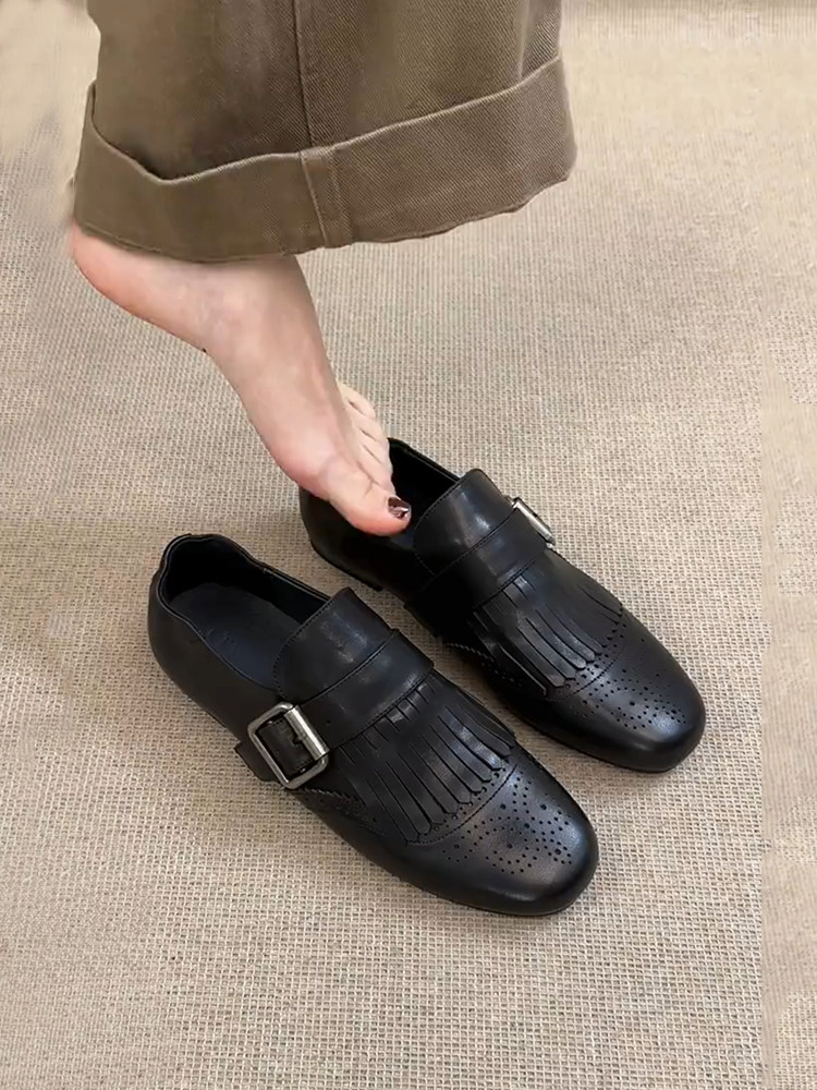 羊皮版~雕花流苏乐福鞋女2025新款黑色皮带扣百搭通勤平底小皮鞋主图