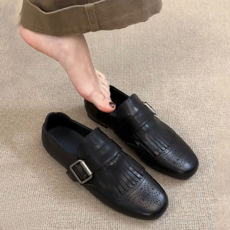 羊皮版~雕花流苏乐福鞋女2025新款黑色皮带扣百搭通勤平底小皮鞋