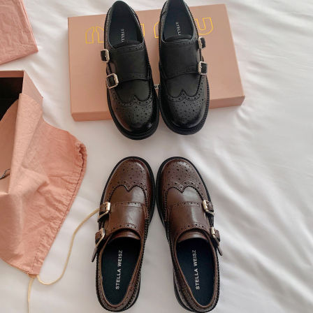 布洛克雕花小皮鞋粗跟扣带真皮2026年春季新款一脚蹬乐福鞋单鞋