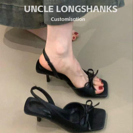 羊皮版~新款绝美蝴蝶结细跟露趾凉鞋女夏方头一字带气质高跟鞋