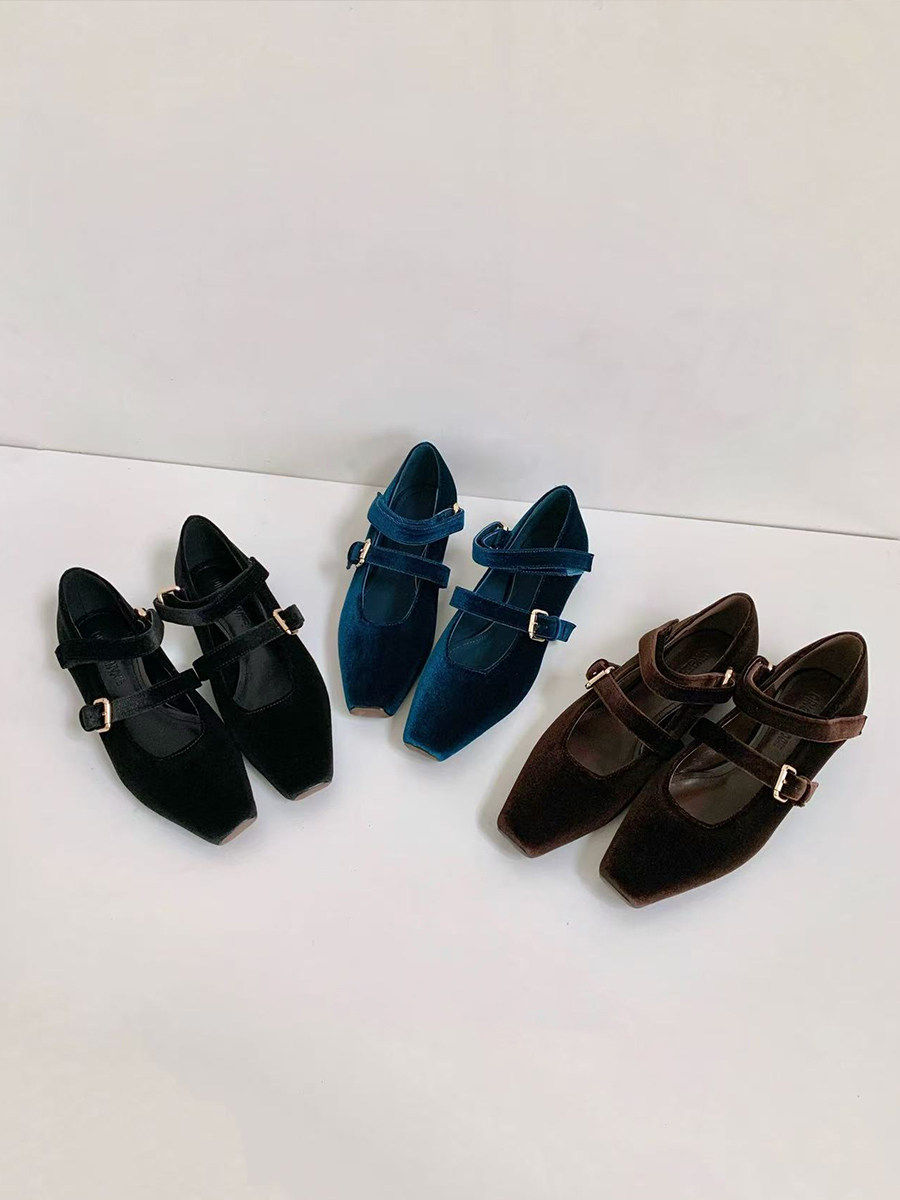 Wheat house ~！法式丝绒方头内增高玛丽珍鞋女一字扣带气质单鞋主图