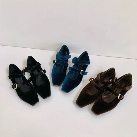 Wheat house ~！法式丝绒方头内增高玛丽珍鞋女一字扣带气质单鞋