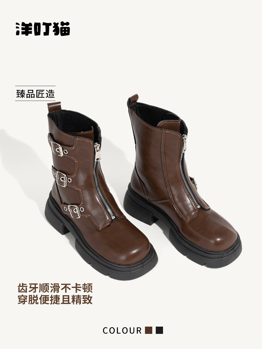 洋叮猫英伦风皮带扣厚底马丁靴女式2026新款春季内增高骑士短筒靴主图