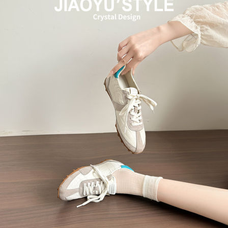 真皮~骄屿复古拼色芭蕾德训鞋女2026春新款内增高休闲运动阿甘鞋