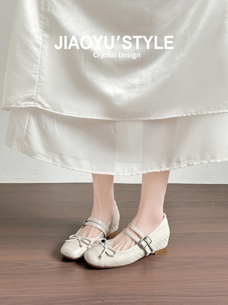 真皮~骄屿复古内增高蝴蝶结编织单鞋女2026新款通勤芭蕾玛丽珍鞋主图