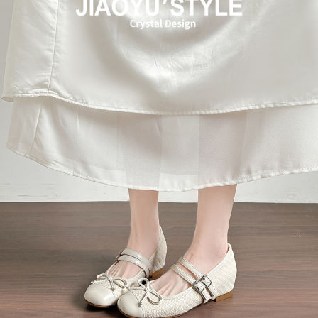 真皮~骄屿复古内增高蝴蝶结编织单鞋女2026新款通勤芭蕾玛丽珍鞋