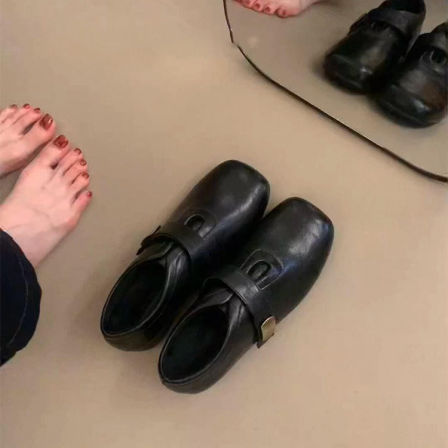 羊皮版~复古风方头魔术贴乐福鞋女简约百搭一脚蹬深口休闲小皮鞋