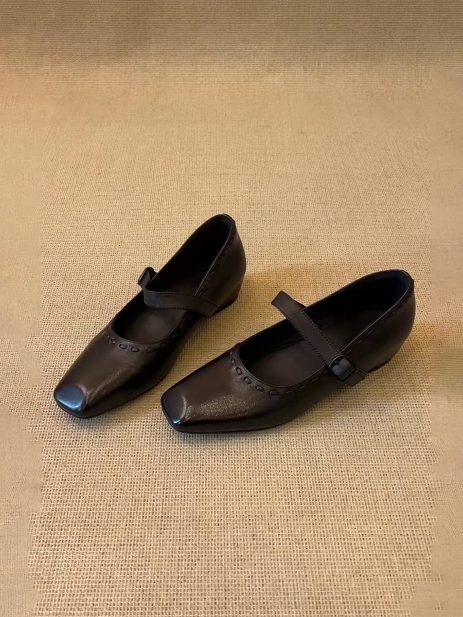 羊皮版~韩式防滑女款内增高头通勤单鞋一字带小众低跟百搭小皮鞋主图