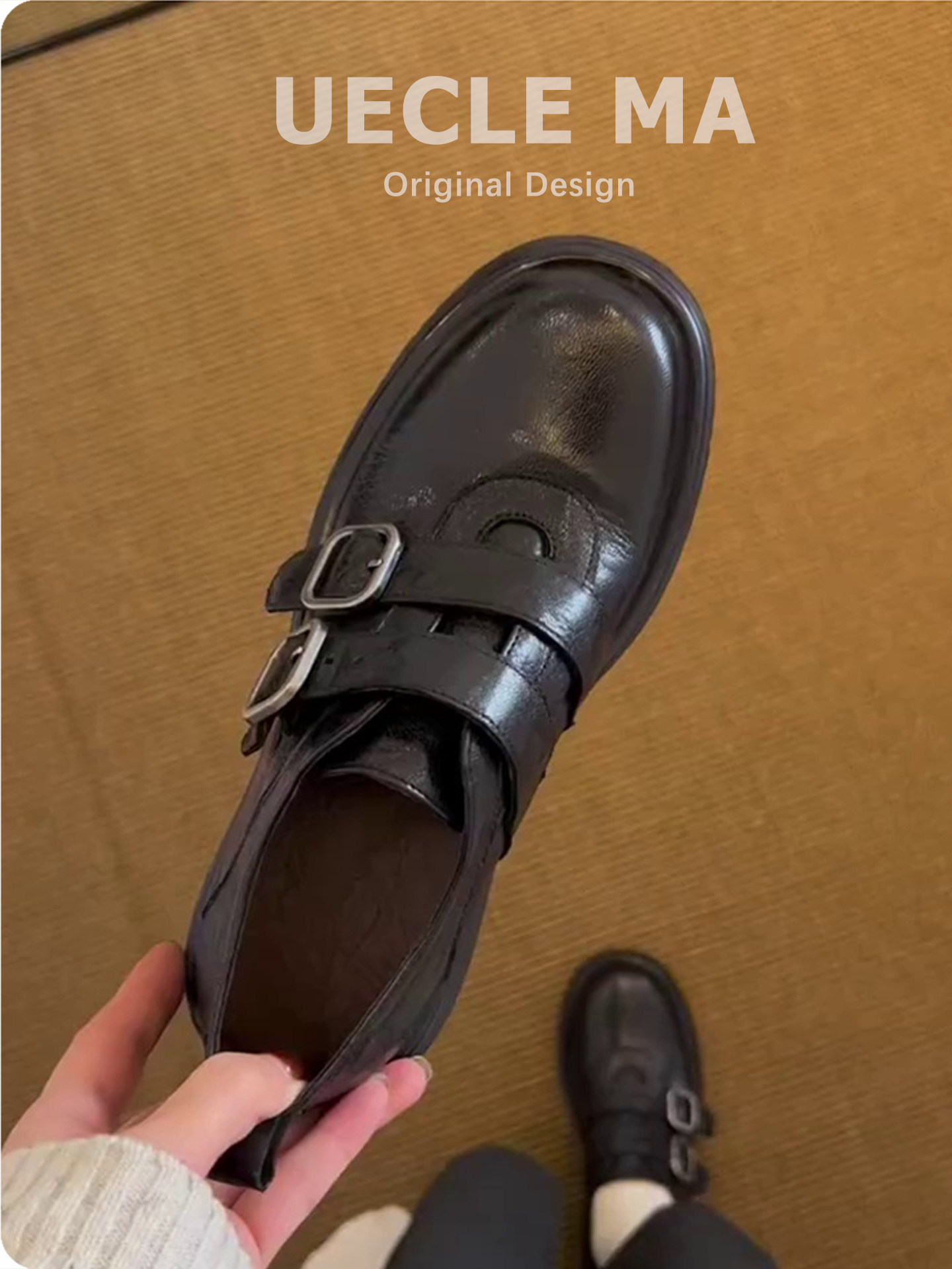 牛皮款~厚底乐福鞋女春秋款粗跟单鞋英伦复古双皮带扣百搭小皮鞋主图