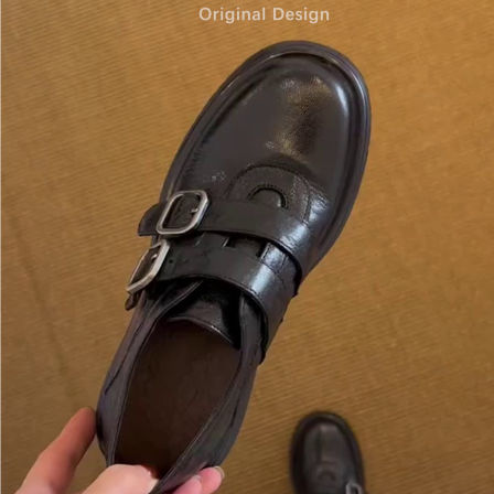 牛皮款~厚底乐福鞋女春秋款粗跟单鞋英伦复古双皮带扣百搭小皮鞋