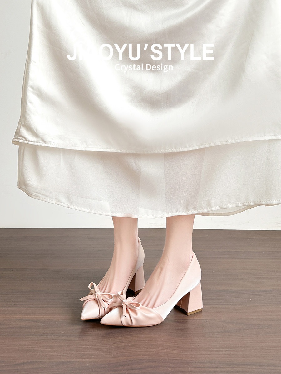 真皮~骄屿裸色玛丽珍高跟鞋女2026新款尖头蝴蝶结单鞋气质伴娘鞋主图