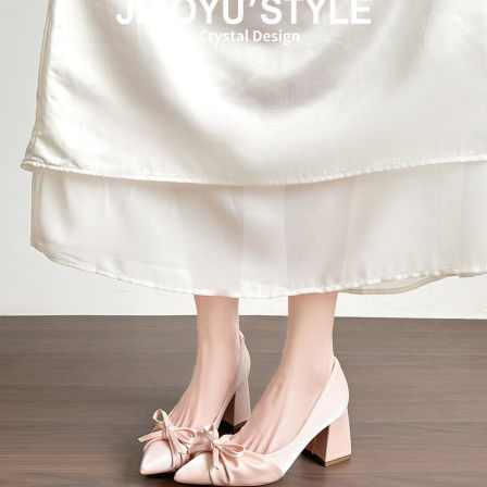 真皮~骄屿裸色玛丽珍高跟鞋女2026新款尖头蝴蝶结单鞋气质伴娘鞋