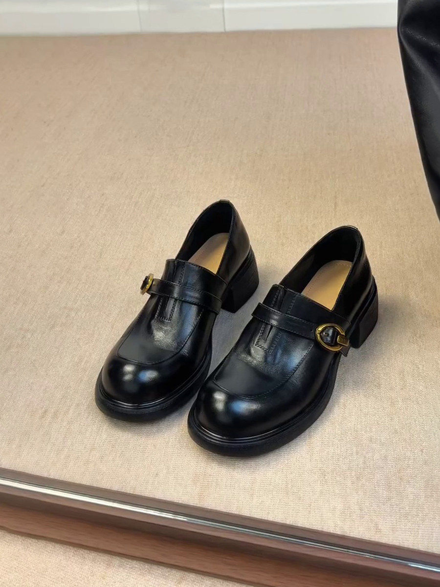 Wheat house ~！英伦风皮带扣粗跟乐福鞋女圆头一脚蹬黑色小皮鞋主图