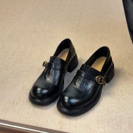 Wheat house ~！英伦风皮带扣粗跟乐福鞋女圆头一脚蹬黑色小皮鞋