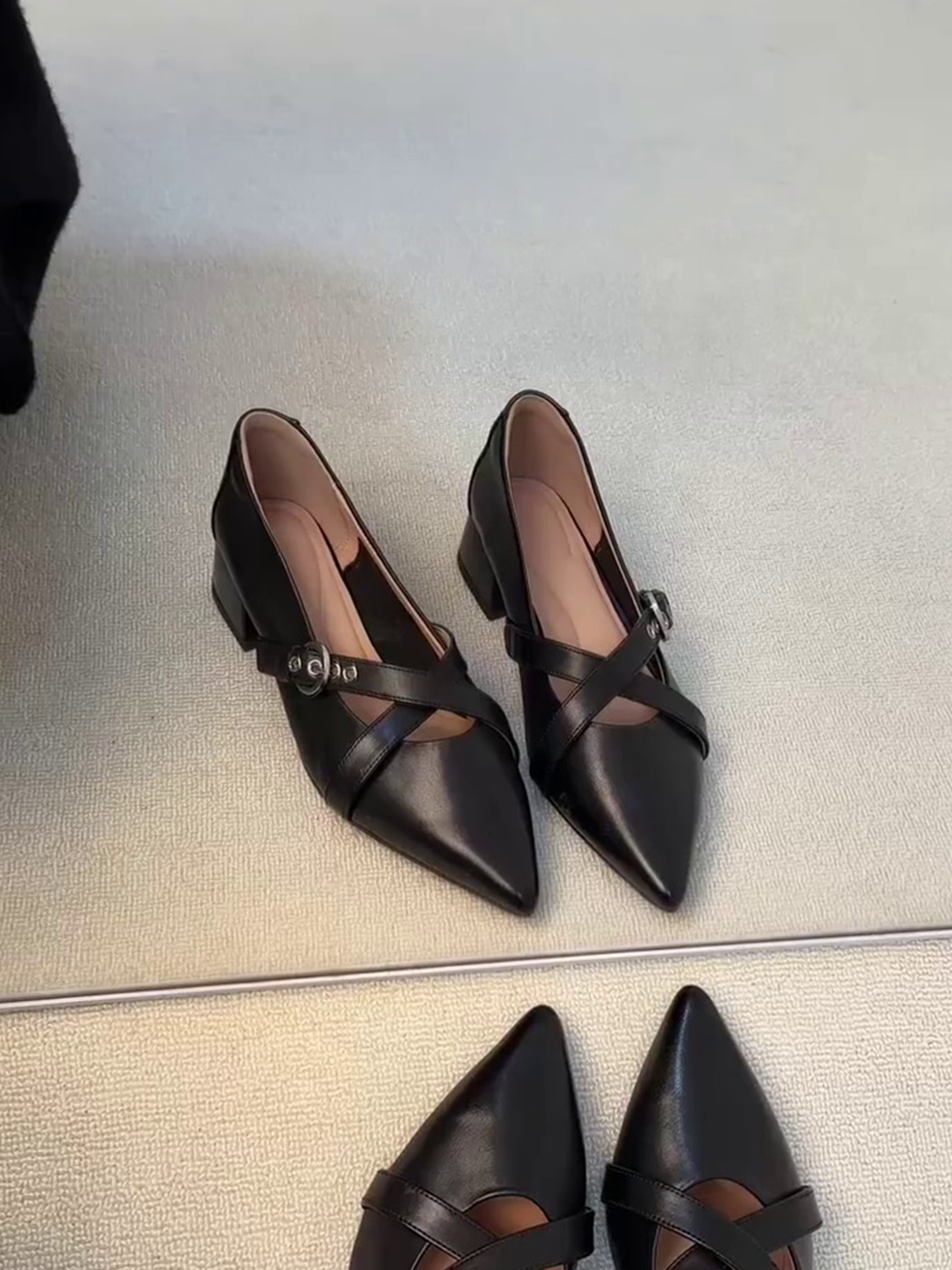 羊皮版~交叉带玛丽珍鞋时尚通勤春季新款粗跟尖头法式简约小单鞋主图