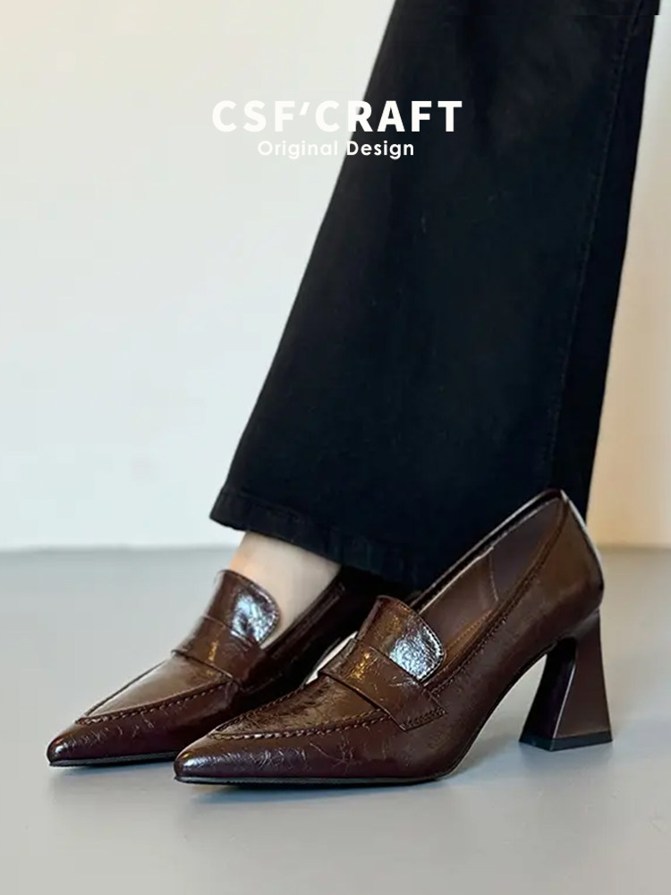 羊皮版~法式复古尖头乐福鞋女2026新款粗跟一脚蹬通勤单鞋高跟鞋主图