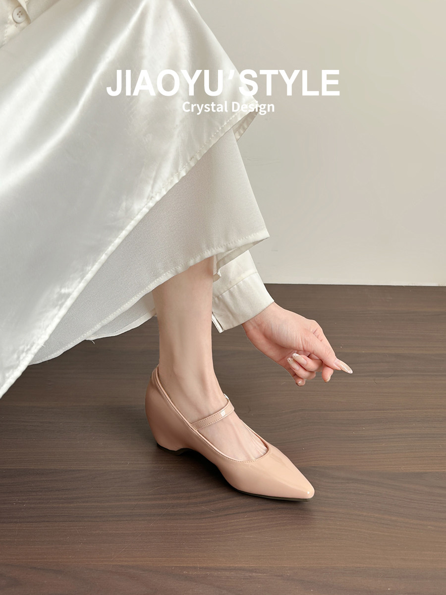 真皮~骄屿法式尖头玛丽珍鞋女春新款裸色高跟鞋一字带内增高单鞋主图