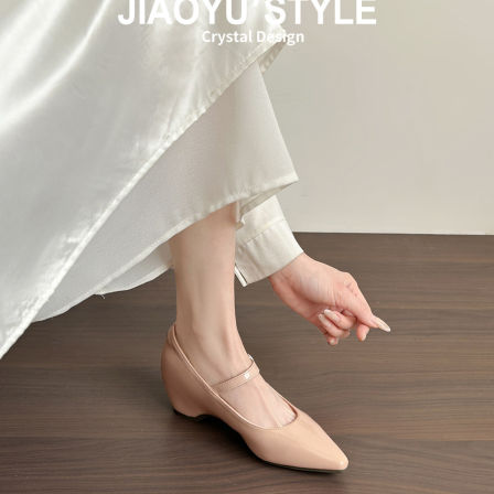 真皮~骄屿法式尖头玛丽珍鞋女春新款裸色高跟鞋一字带内增高单鞋