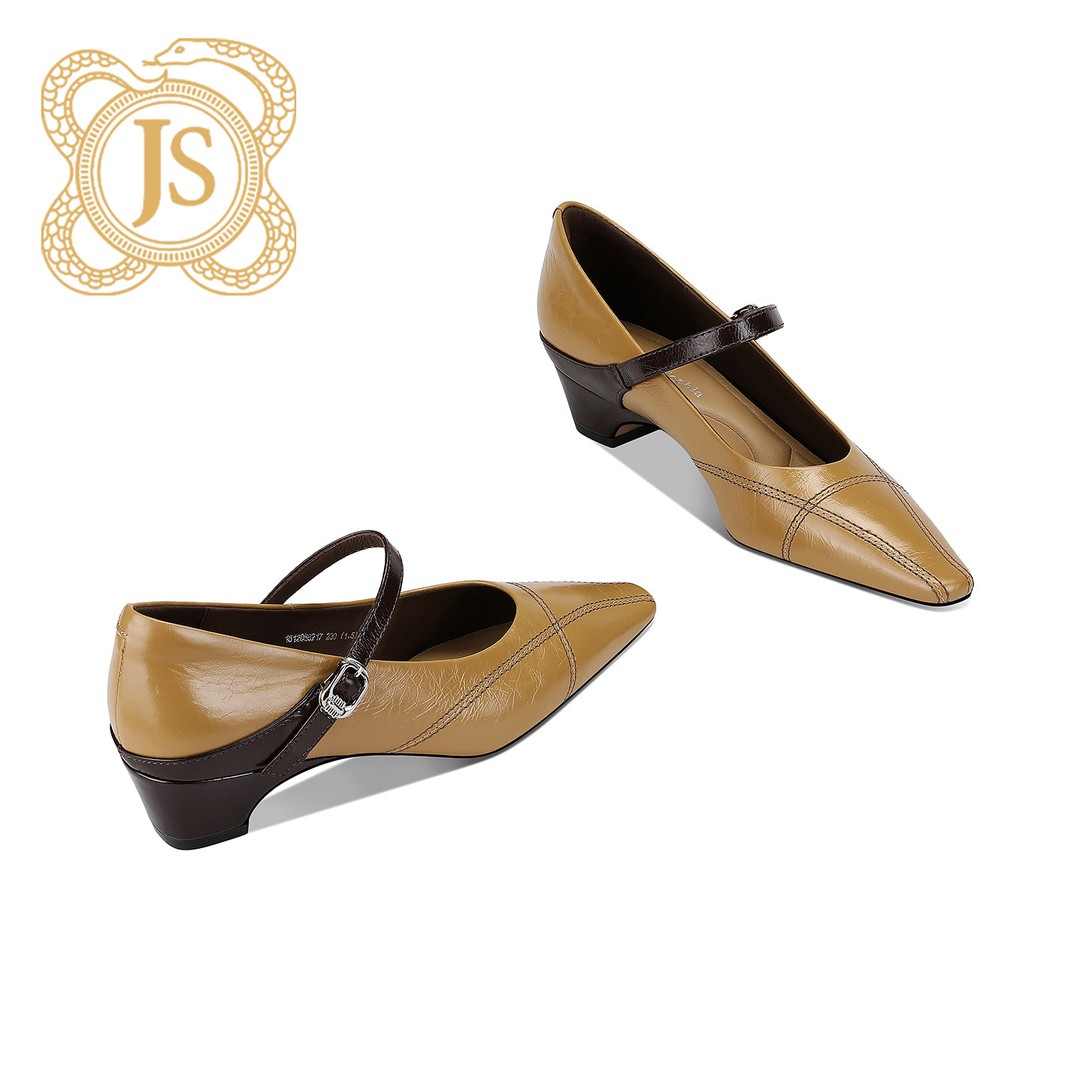 已开价，1512D56217真皮拼接舒适方头粗跟高跟鞋一字式扣带玛丽珍主图