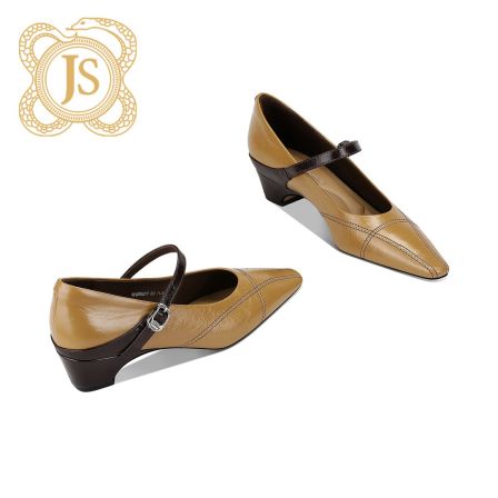 已开价，1512D56217真皮拼接舒适方头粗跟高跟鞋一字式扣带玛丽珍