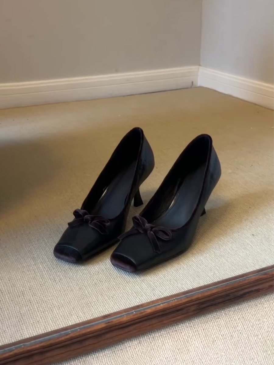 羊皮版~休闲单鞋蝴蝶结方头浅口韩式细高跟显腿长高级感女高跟鞋主图