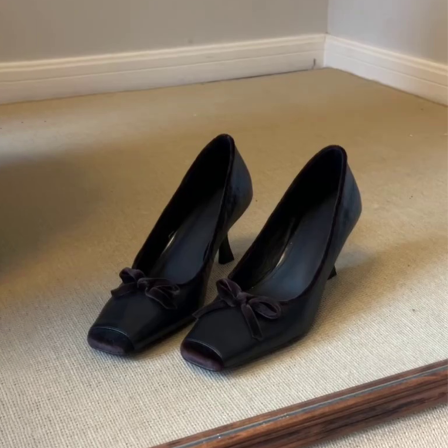 羊皮版~休闲单鞋蝴蝶结方头浅口韩式细高跟显腿长高级感女高跟鞋