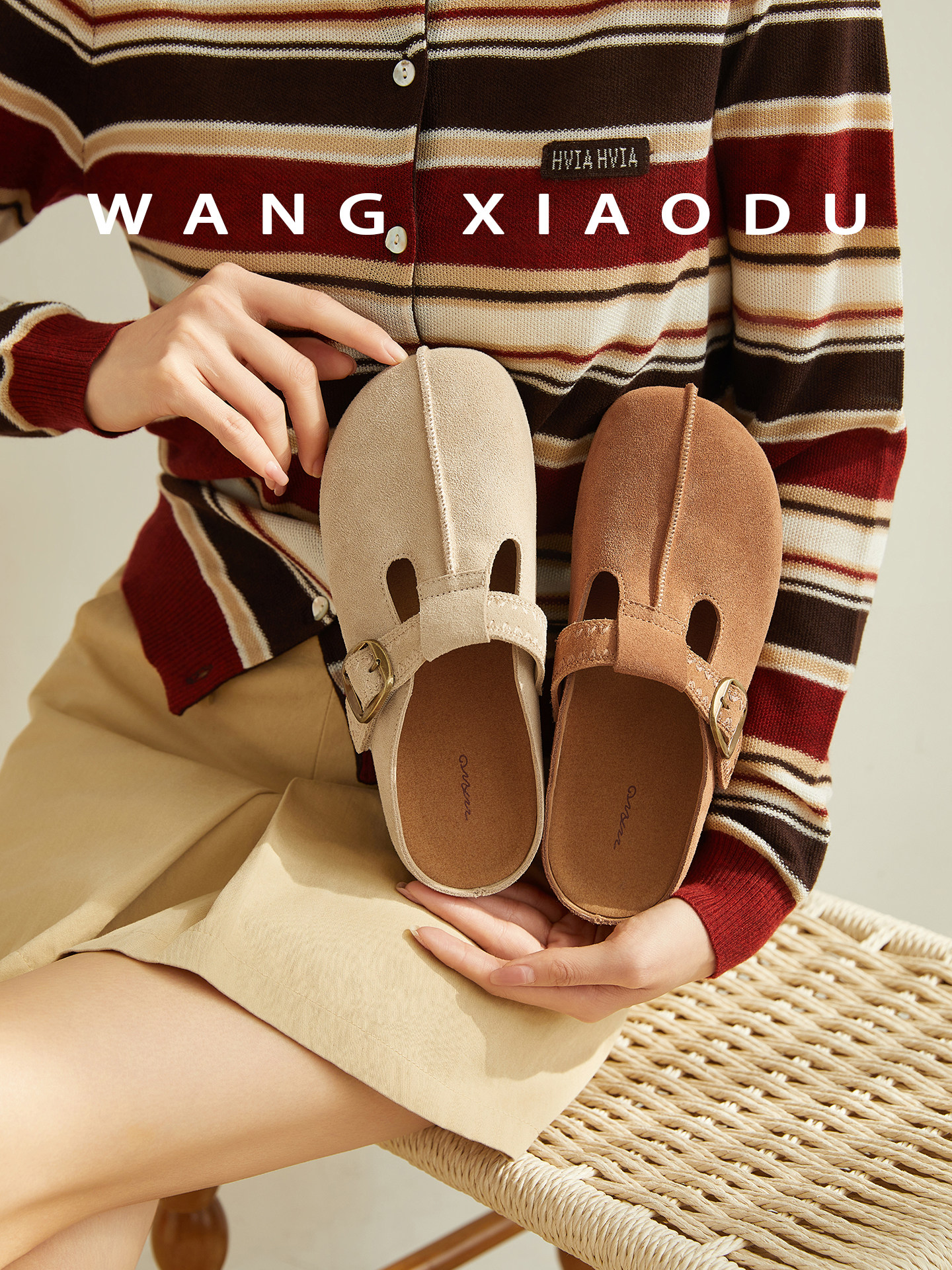 【王小毒】橡果勃肯●4cm内增高包头拖鞋女绒面新复古手缝线半拖主图