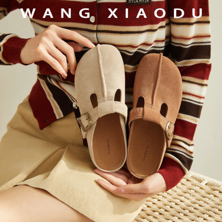 【王小毒】橡果勃肯●4cm内增高包头拖鞋女绒面新复古手缝线半拖