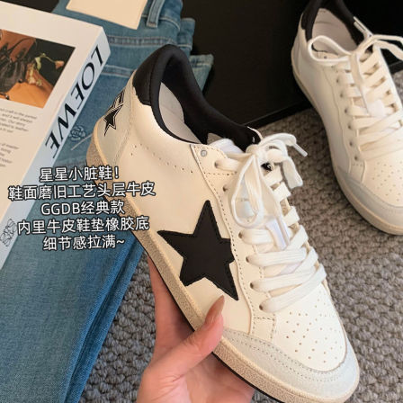 大叮自制星星小脏鞋！头层牛皮经典黑尾手工擦脏磨旧板鞋女小白鞋
