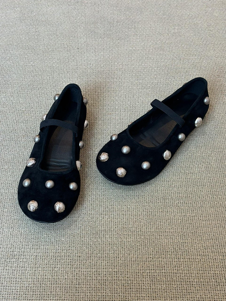 羊皮版~韩系温柔风时髦铆钉一字带玛丽珍鞋女舒适平底芭蕾舞单鞋主图